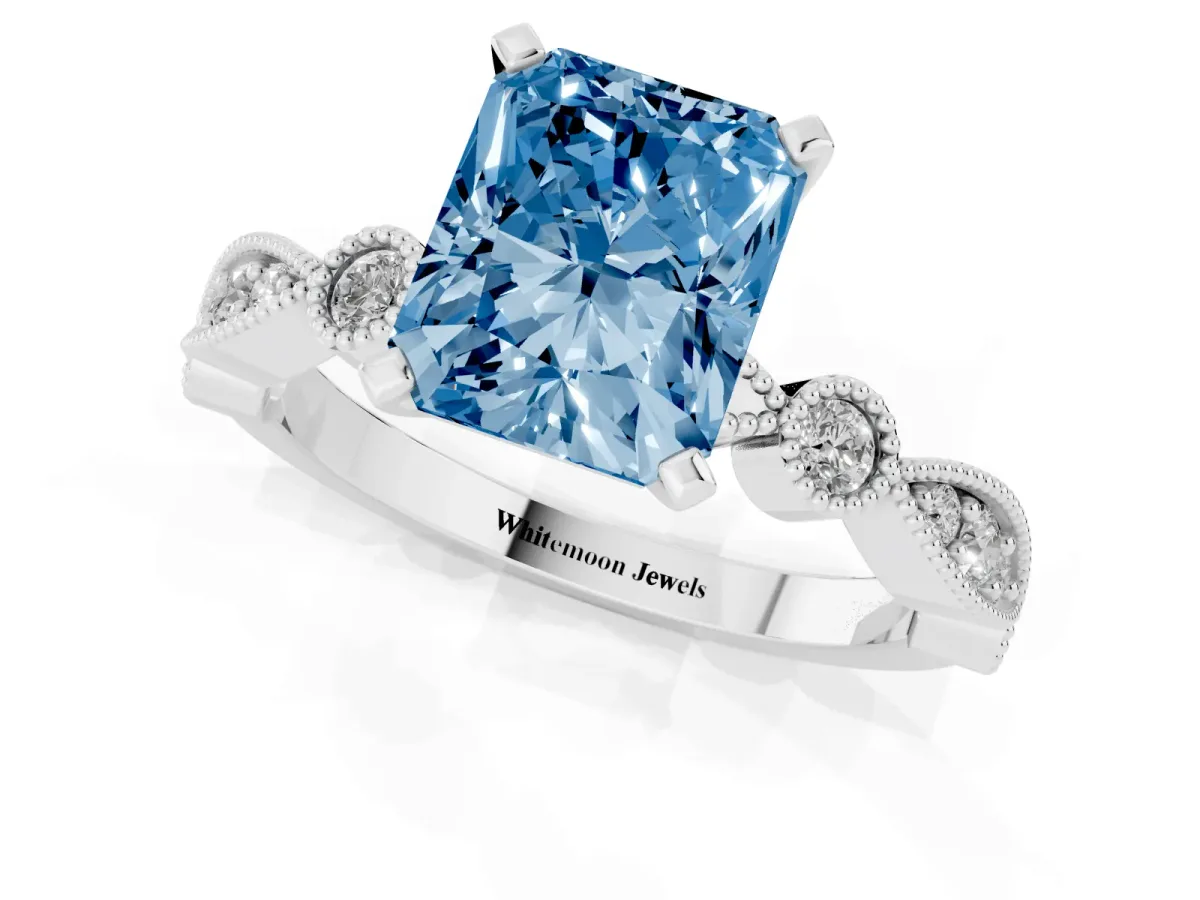 Fancy Blue Radiant Cut Milgrain Bezel Diamond Engagement Ring with Solitaire Prong Setting Silver