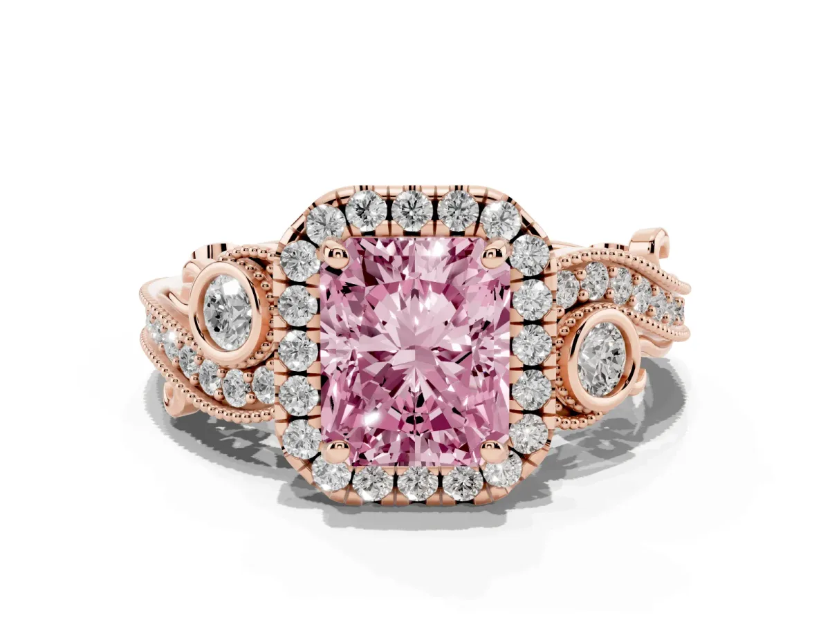 Fancy Pink Radiant Cut Halo Diamond Ring with Milgrain and Bezel Accents on a Split Shank Band Rose gold
