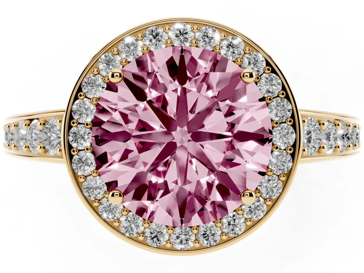 Fancy Pink Round Cut Halo Pavé Diamond Engagement Ring with Bezel Setting Yellow gold