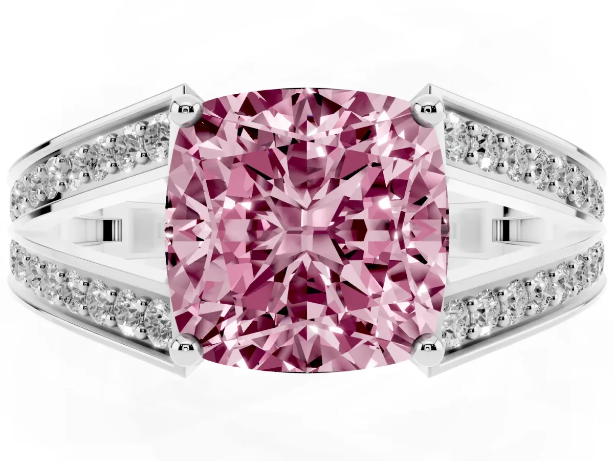 Fancy Pink Cushion Cut Diamond Split Shank Ring with Pavé Band and Four-Prong Setting Silver