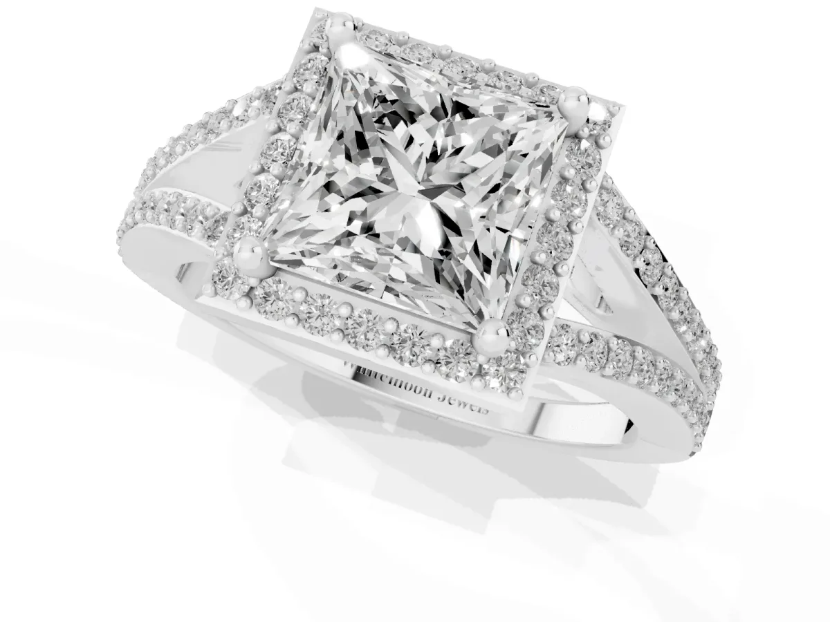 Princess Cut Halo Split Shank Diamond Ring with Prong Setting Silver