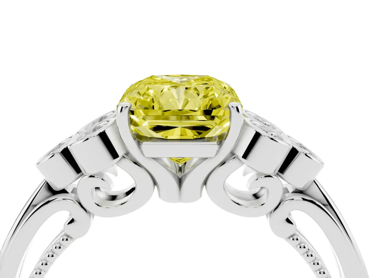 Fancy Yellow Radiant Cut Cut Diamond Engagement Ring with Bezel Set Round Side Stones and Prong Setting Platinum