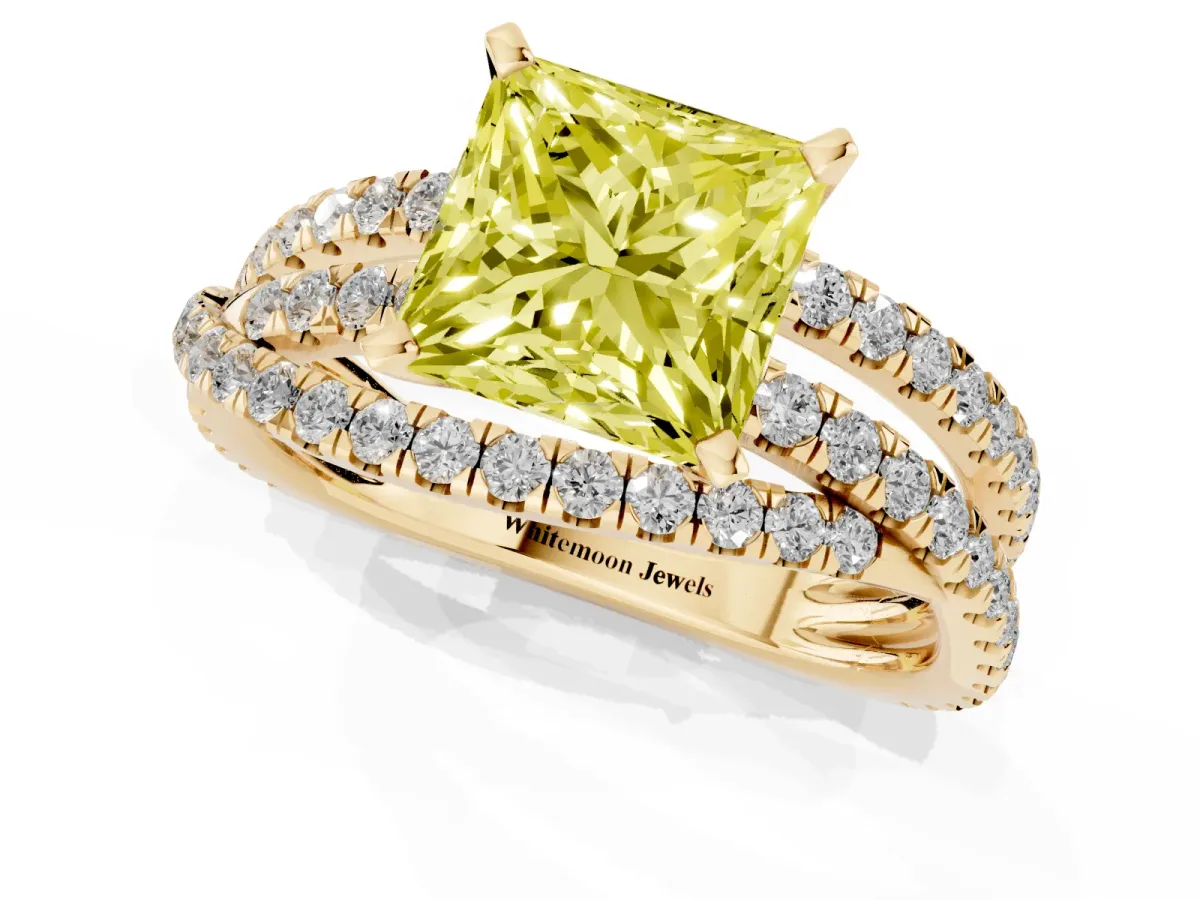 Fancy Yellow Princess Cut Solitaire Twist Band with Pavé Setting and Four-Prong Setting Yellow gold