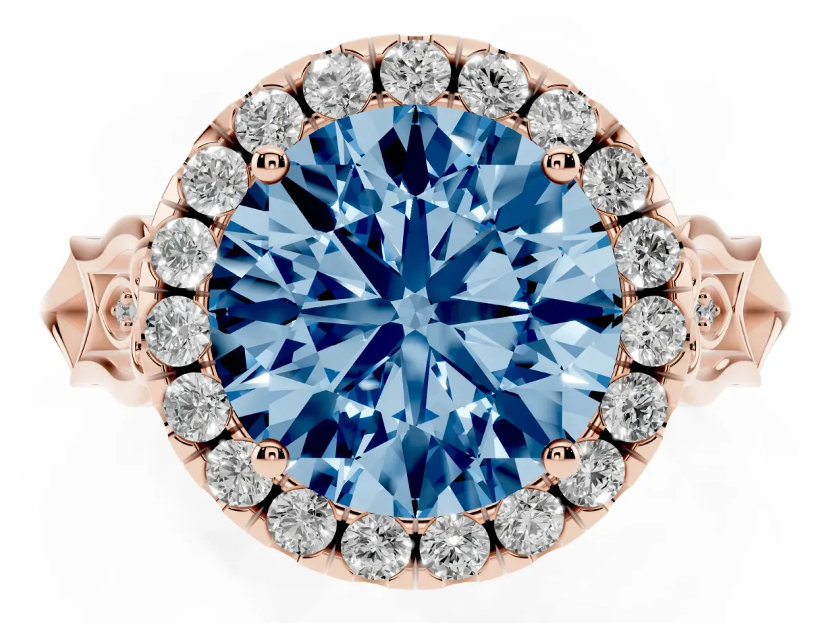 Fancy Blue Round Cut Halo Diamond Engagement Ring with Filigree Band and Four-Prong Setting Rose gold
