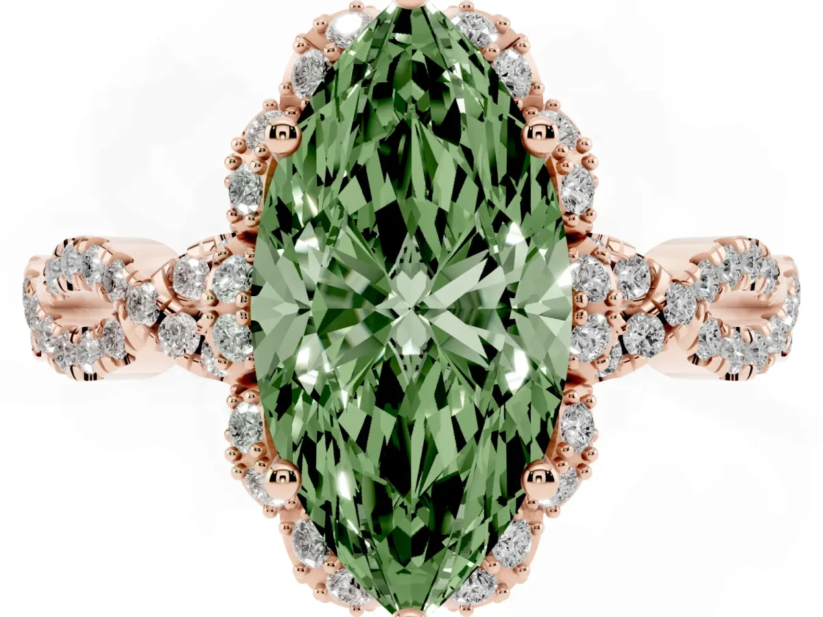 Fancy Green Marquise Cut Halo Twist Band Solitaire Ring with Six-Prong Setting Rose gold