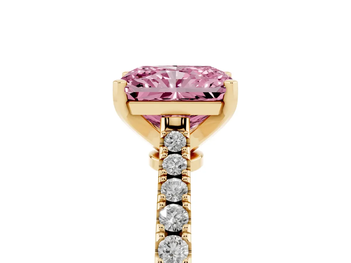 Fancy Pink Radiant Cut Cut Solitaire Diamond Engagement Ring with Pave Band and Four-Prong Setting Yellow gold