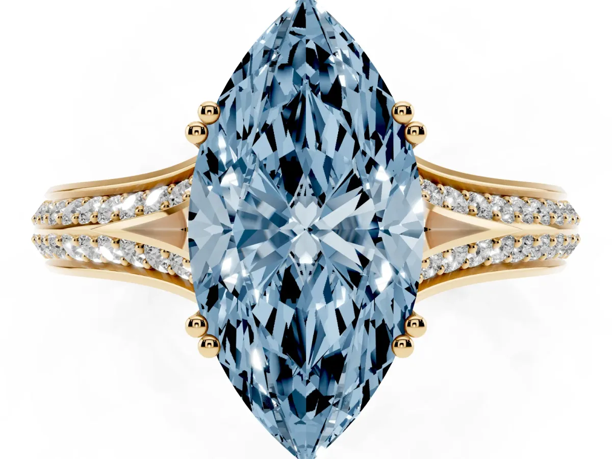 Fancy Blue Marquise Cut Diamond Split Shank Engagement Ring with Pavé Band Yellow gold