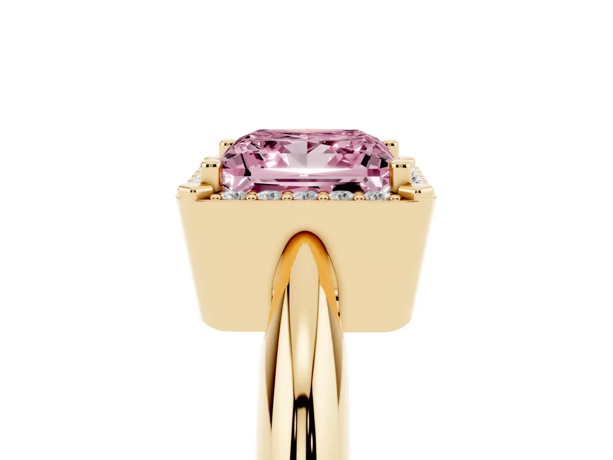 Fancy Pink Princess Cut Cut Diamond Halo Engagement Ring with Split Shank and Four-Prong Setting Yellow gold
