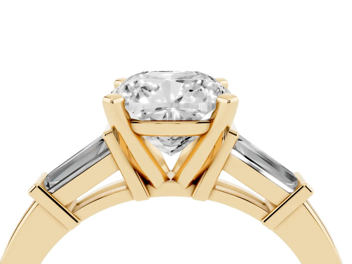 Cushion Cut Cut Diamond Solitaire Ring with Tapered Baguette Accents and Four-Prong Setting Yellow gold