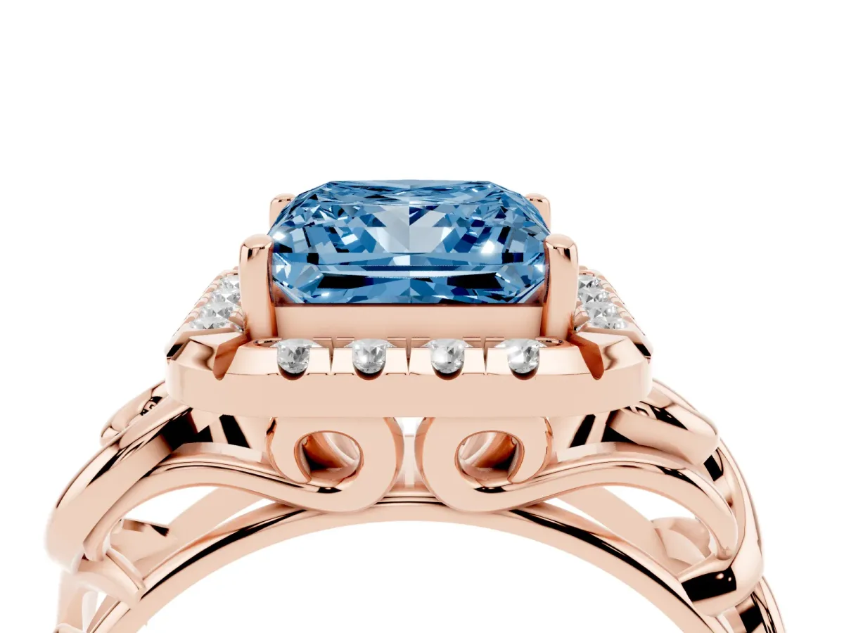 Fancy Blue Princess Cut Cut Halo Diamond Ring with Scrollwork Band and Four-Prong Setting Rose gold