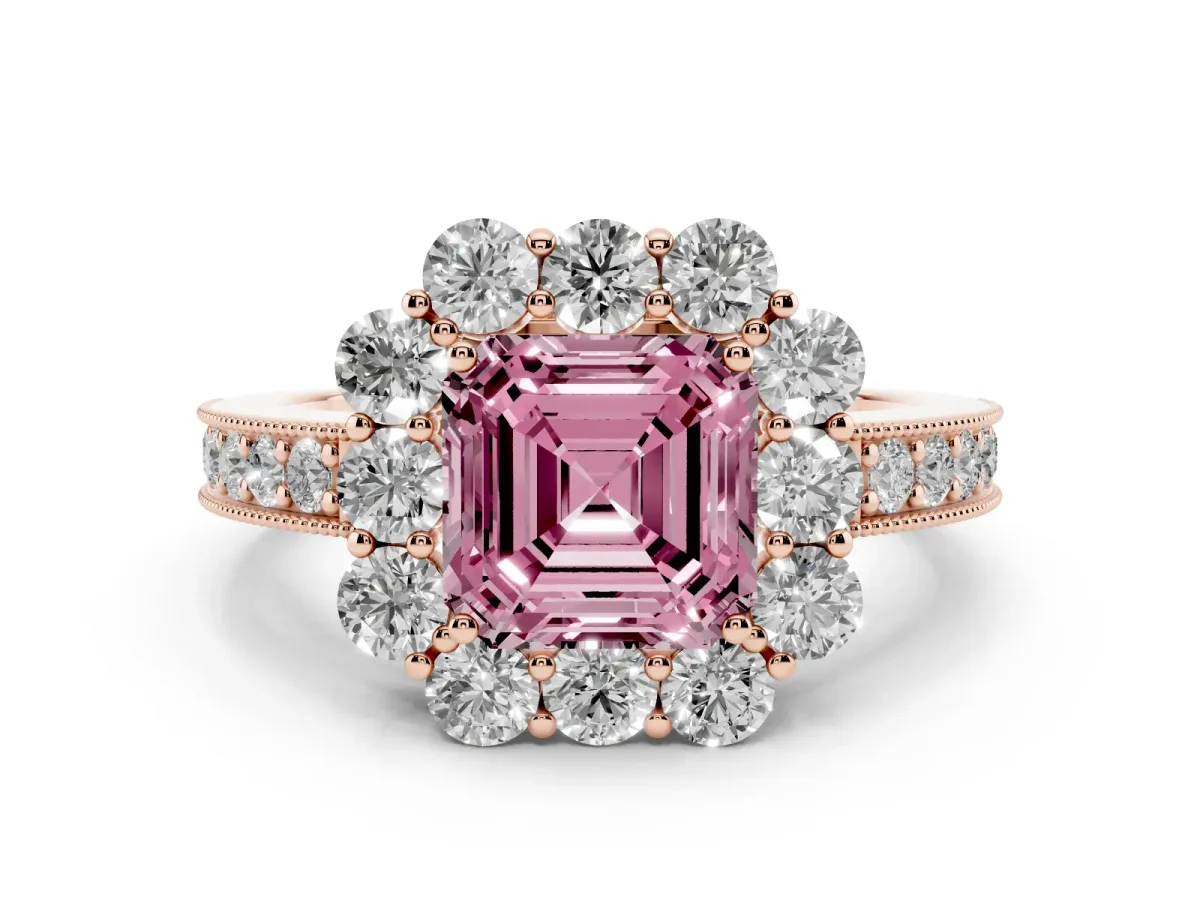 Fancy Pink Asscher Cut Cut Halo Diamond Pavé Engagement Ring with Milgrain Detailing Rose gold