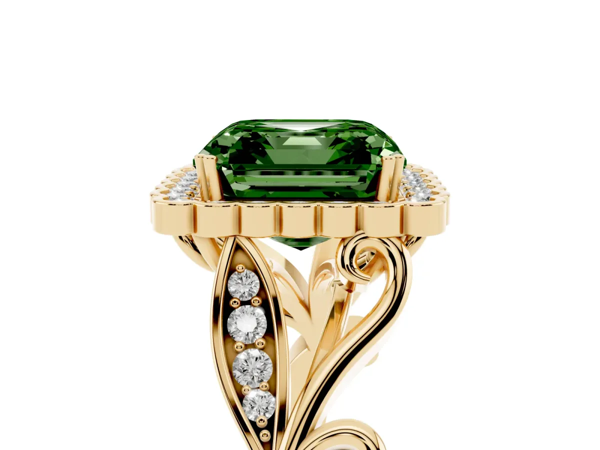 Fancy Green Asscher Cut Diamond Halo Ring with Vintage Split Shank and Four-Prong Setting Yellow gold