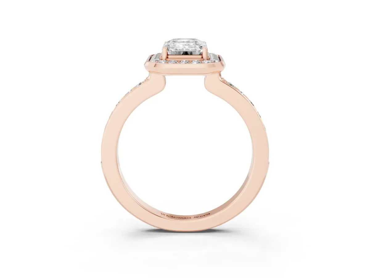 Emerald Cut Diamond Halo Ring with Bezel Frame and Pavé Band Rose gold
