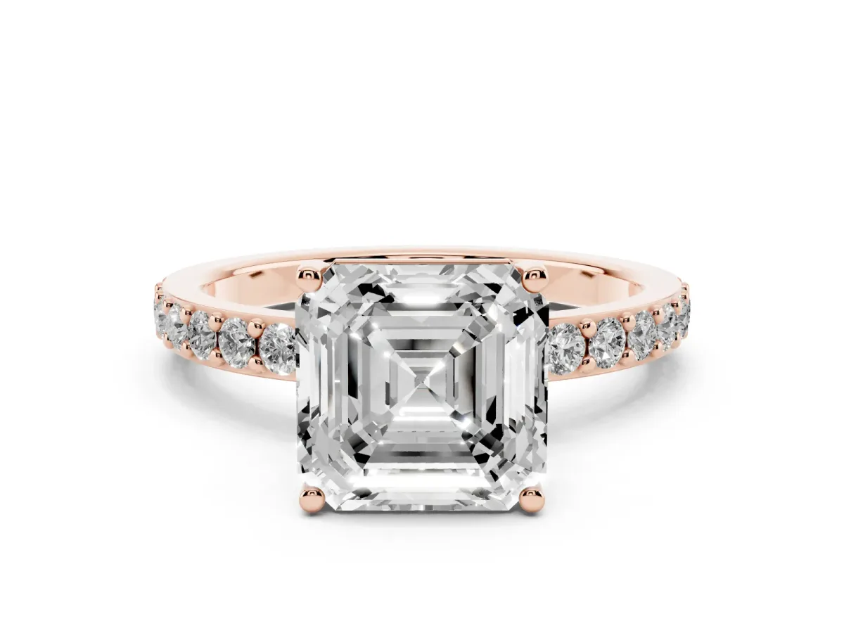 Asscher Cut Cut Diamond Solitaire with Pave Band and Four-Prong Setting Rose gold