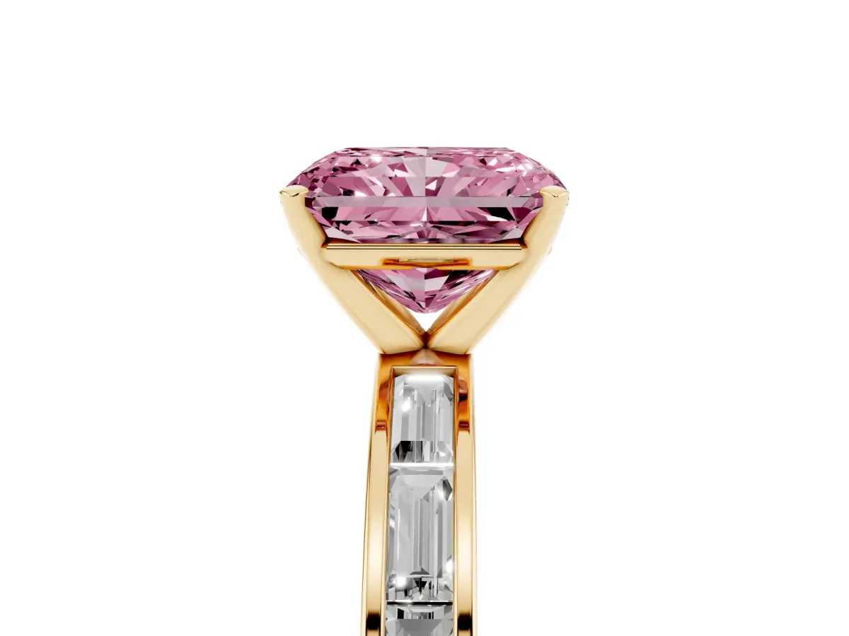 Fancy Pink Radiant Cut Solitaire Diamond Ring with Channel-Set Baguette Band and Four-Prong Setting Yellow gold