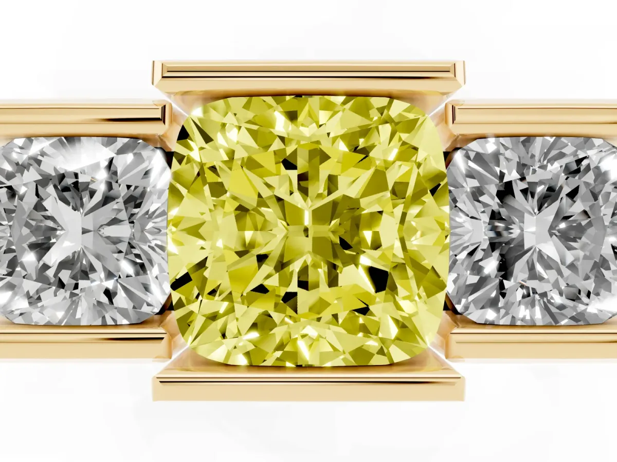 Fancy Yellow Three Stone Cushion Cut Cut Channel Set Diamond Ring Yellow gold