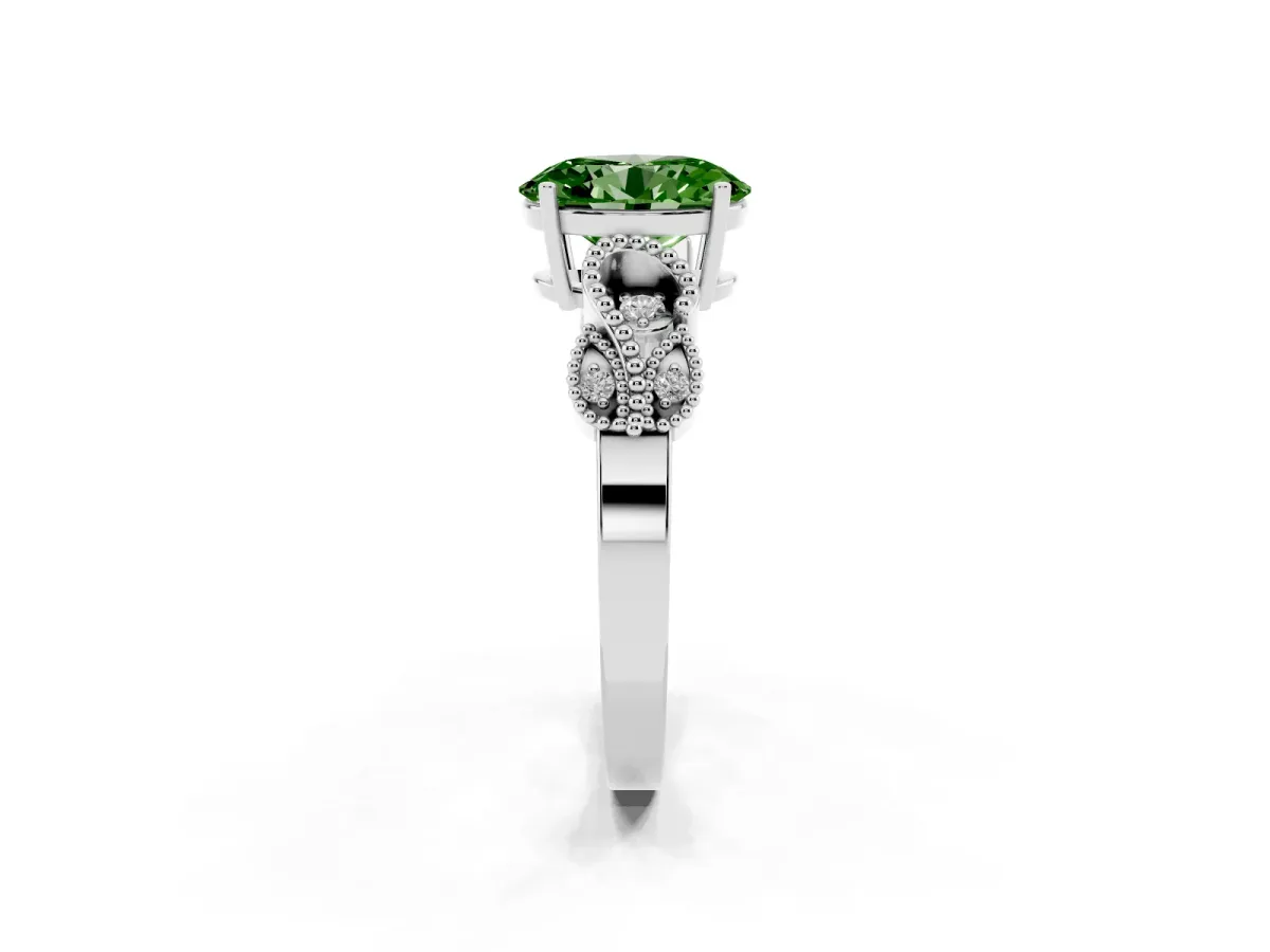 Fancy Green Oval Cut Solitaire Milgrain Leaf Band with Prong Setting Silver