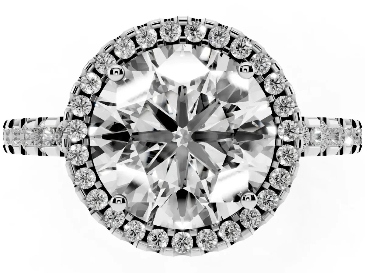 Round Cut Diamond Halo Engagement Ring with Pavé Band and Prong Setting Silver