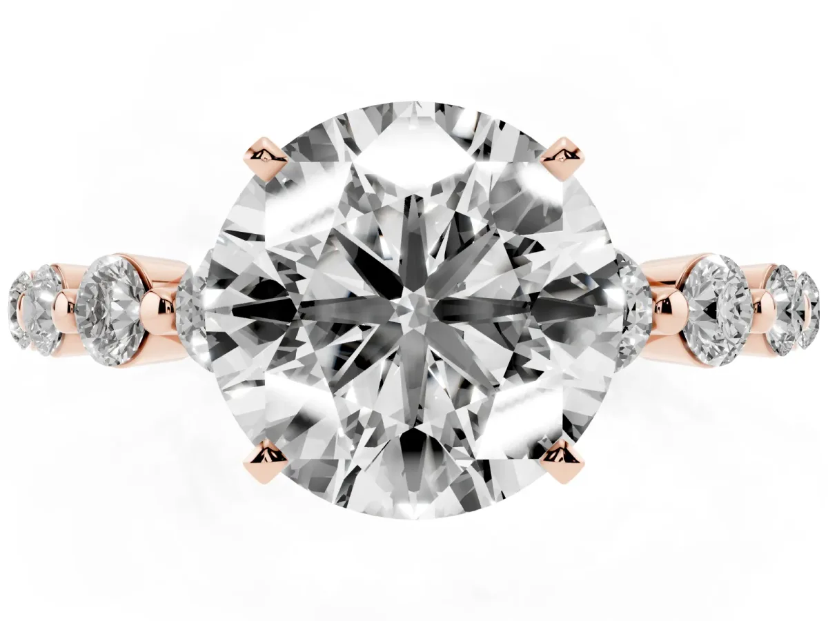 Round Cut Solitaire Diamond Ring with Pave Band and Four-Prong Setting Rose gold