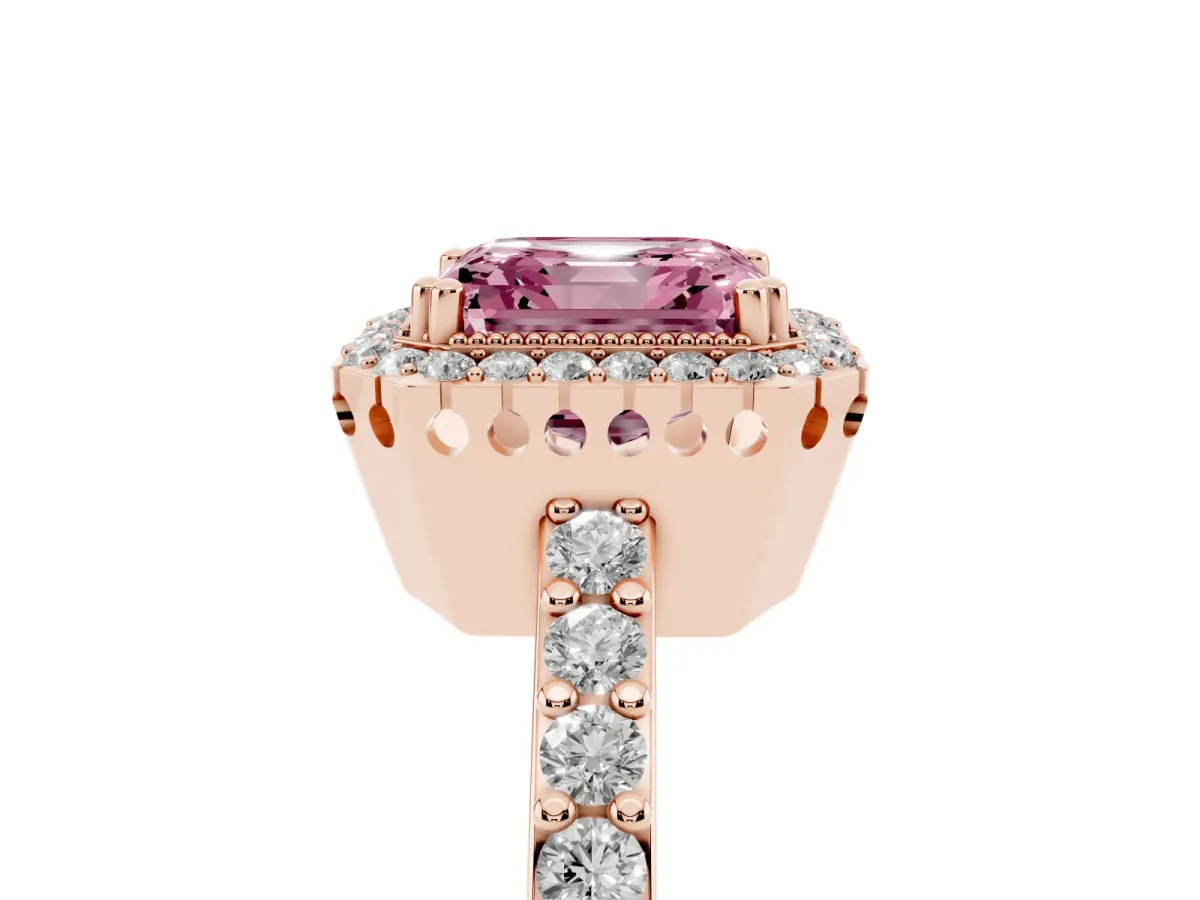Fancy Pink Asscher Cut Cut Diamond Halo Engagement Ring with Milgrain Detail and Pavé Band Rose gold