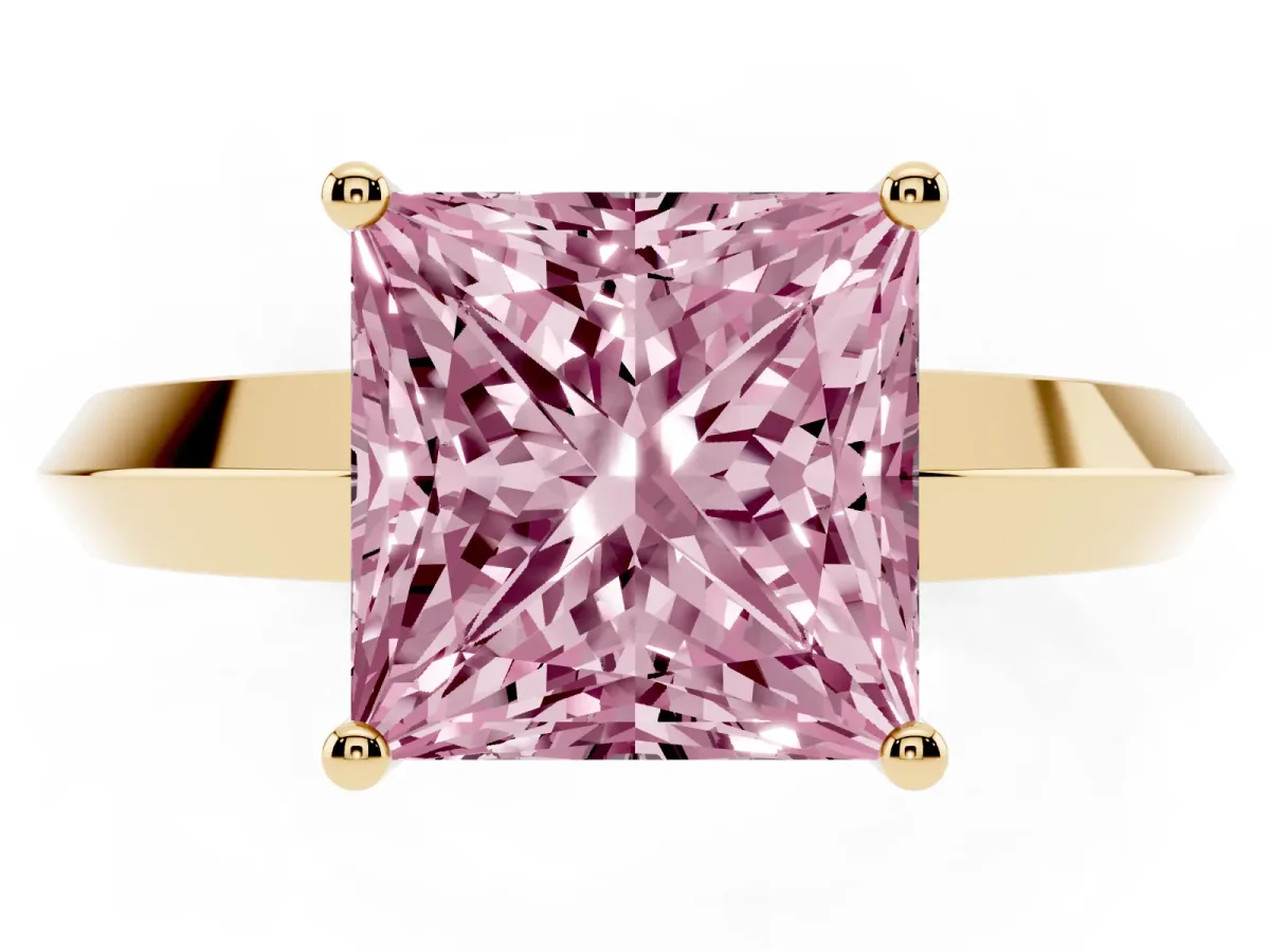 Fancy Pink Princess Cut Cut Solitaire Engagement Ring with Flat Band and Four-Prong Setting Yellow gold