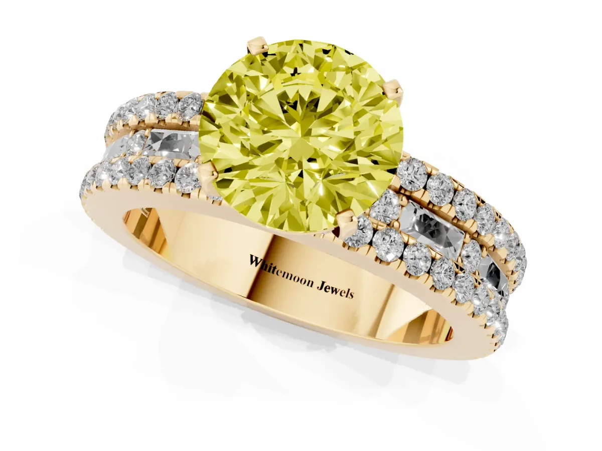 Fancy Yellow Round Cut Diamond Solitaire Ring with Pavé and Channel Set Band Yellow gold