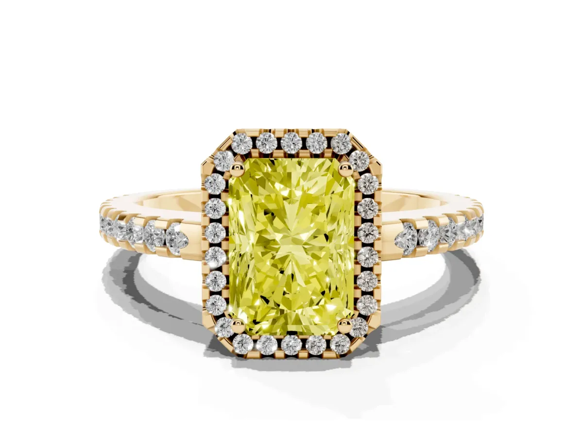 Fancy Yellow Radiant Cut Diamond Halo Engagement Ring with Pavé Band and Prong Setting Yellow gold