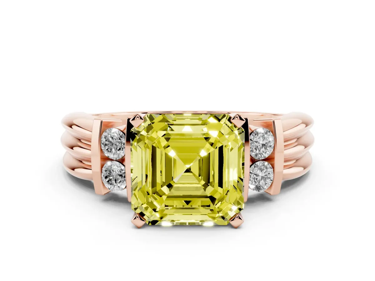 Fancy Yellow Asscher Cut Cut Three-Stone Channel Set Ring with Bar Prongs Rose gold
