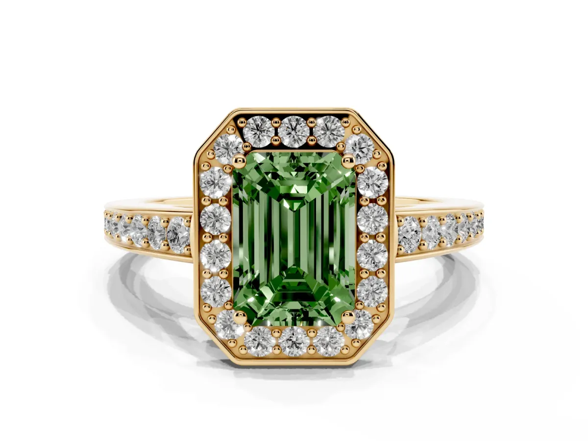 Fancy Green Emerald Cut Halo Pavé Diamond Engagement Ring with Bezel Setting Yellow gold