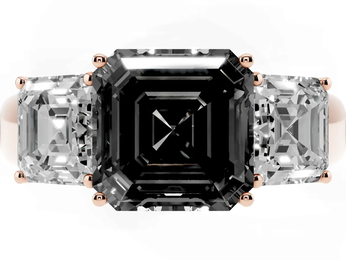 Fancy Black Three-Stone Asscher Cut Cut Diamond Ring with Prong Setting and Classic Band Rose gold
