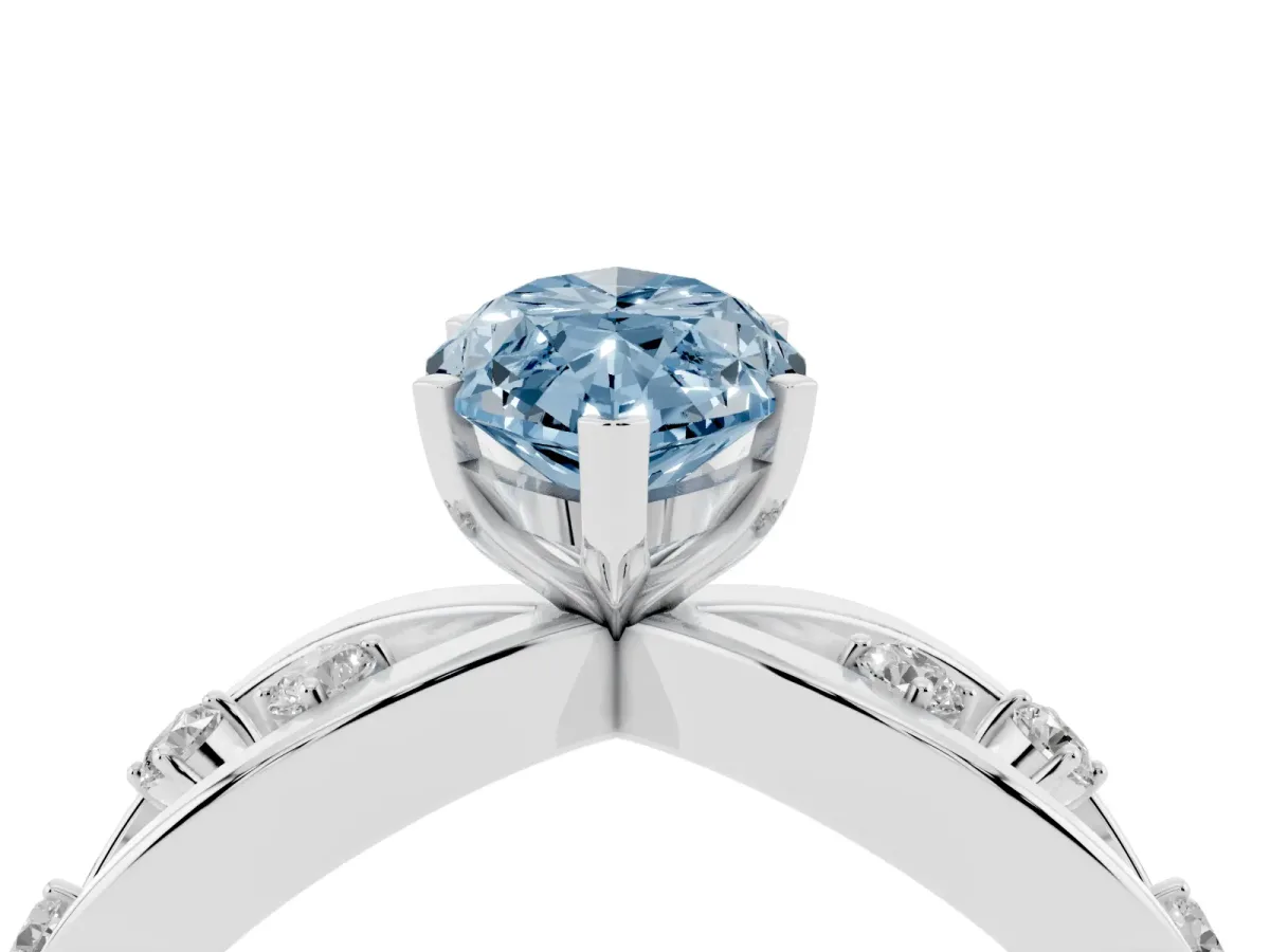 Fancy Blue Marquise Cut Cut Solitaire Diamond with Side Stones on Criss-Cross Band and Four-Prong Setting Silver