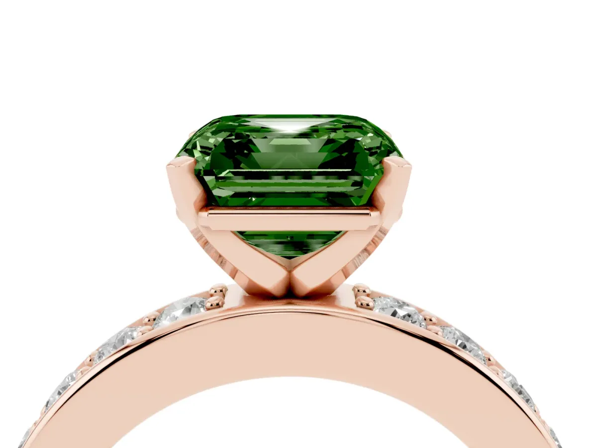 Fancy Green Asscher Cut Diamond Engagement Ring with Channel Set Round Band and Prong Setting Rose gold