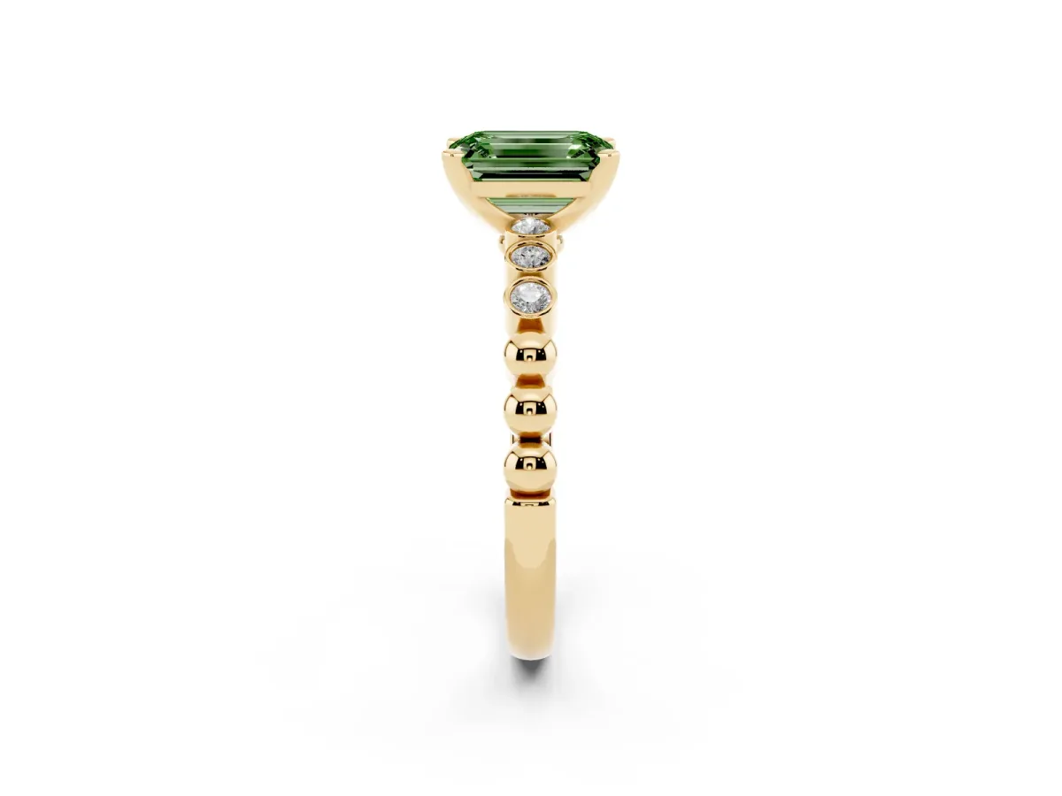 Fancy Green Emerald Cut Solitaire Bezel Accent Diamond Engagement Ring with Beaded Band and Four-Prong Setting Yellow gold