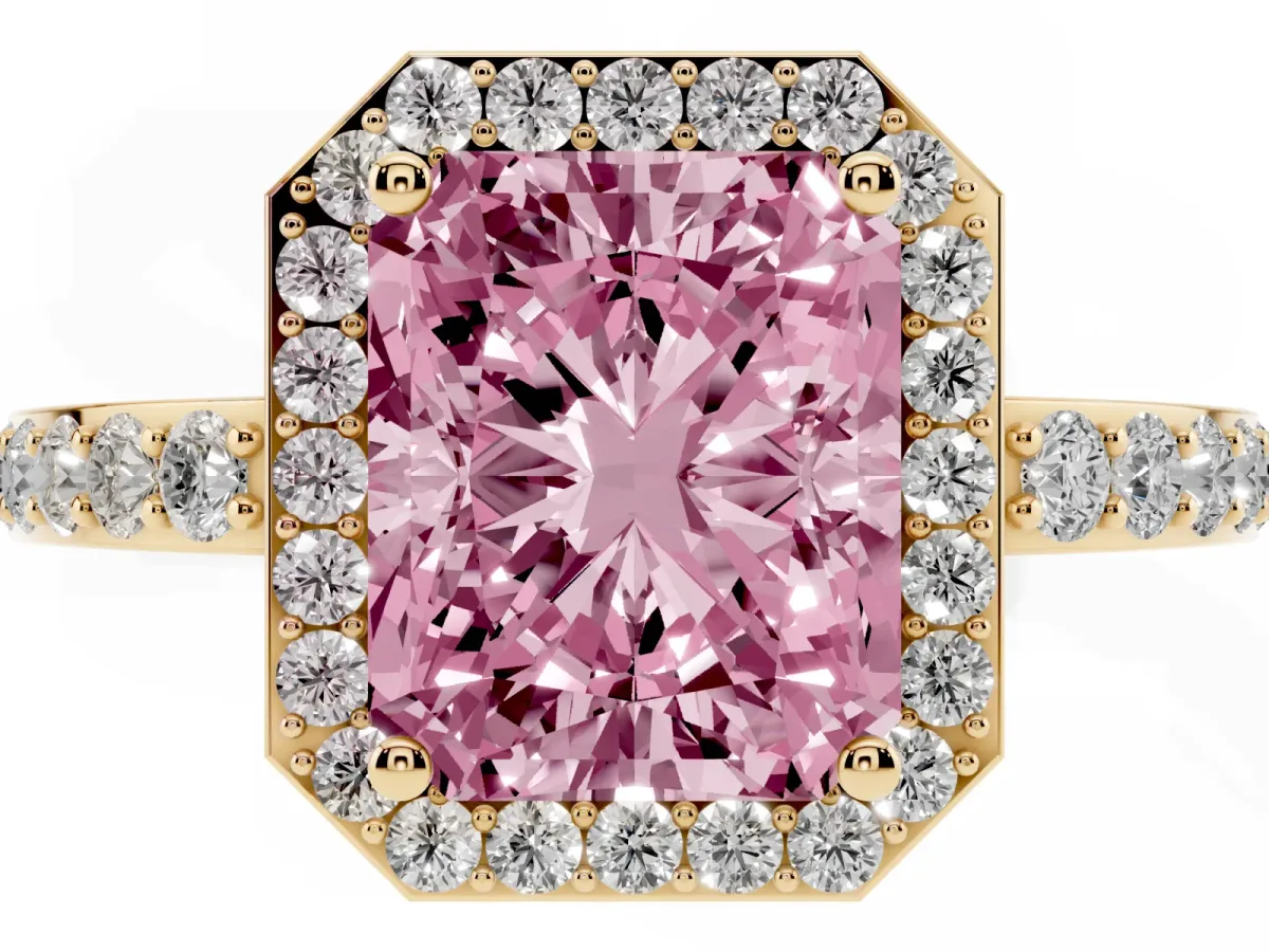 Fancy Pink Radiant Cut Halo Diamond Pavé Band Ring with Prong Setting Yellow gold
