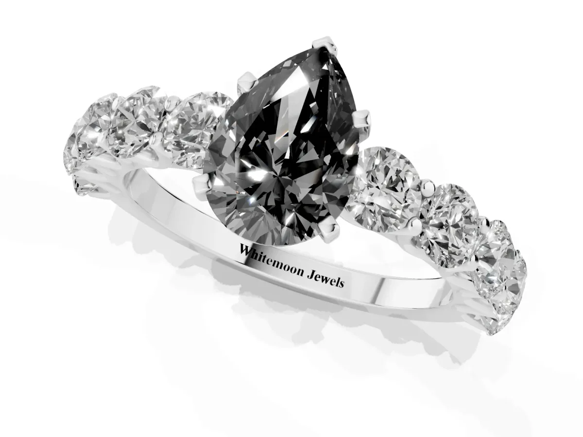 Fancy Black Pear Cut Diamond Prong Setting with Side Stones on a Pave Band Silver