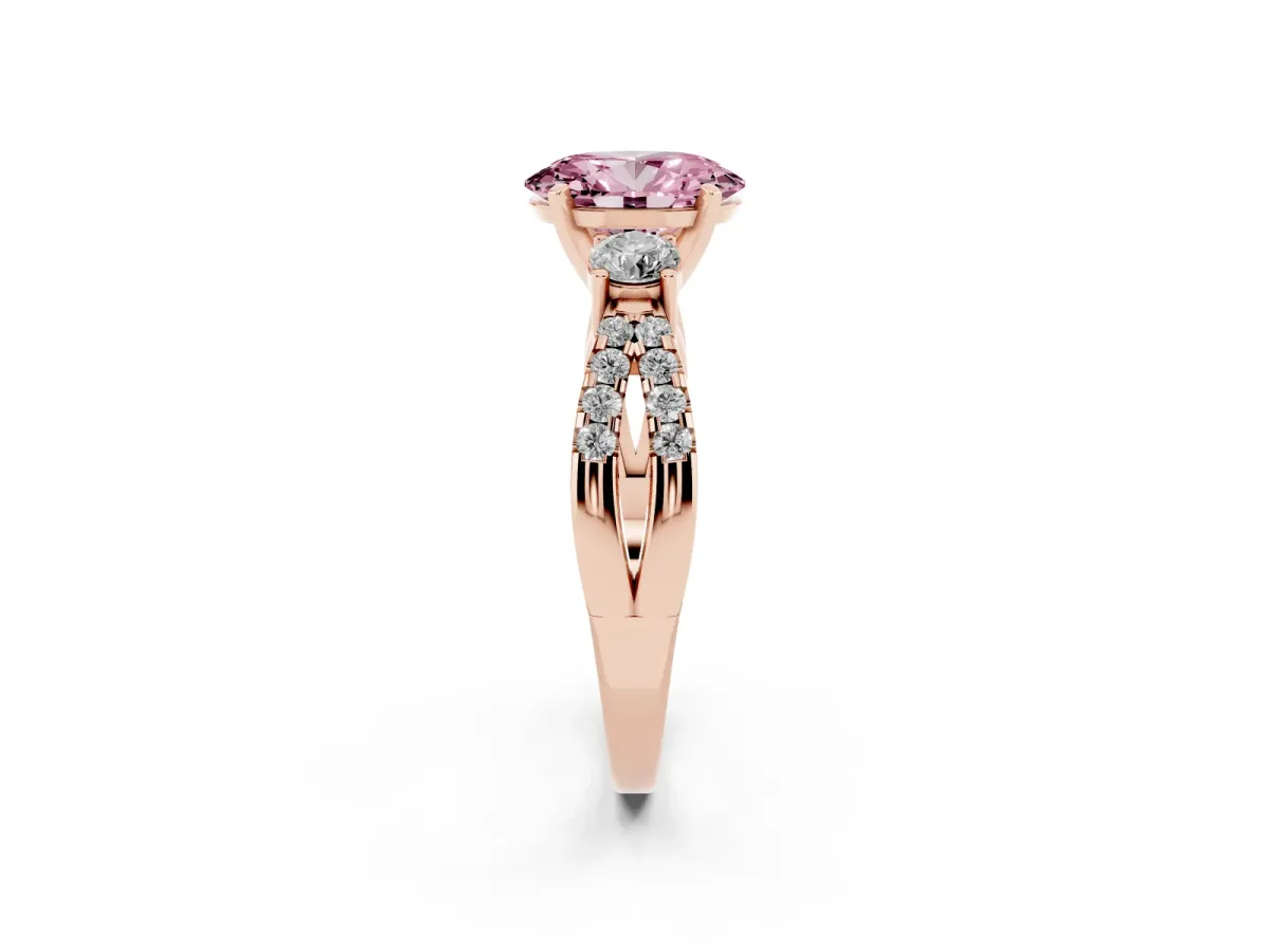 Fancy Pink Oval Cut Diamond Three-Stone Ring with Pavé Split Shank and Four-Prong Setting Rose gold