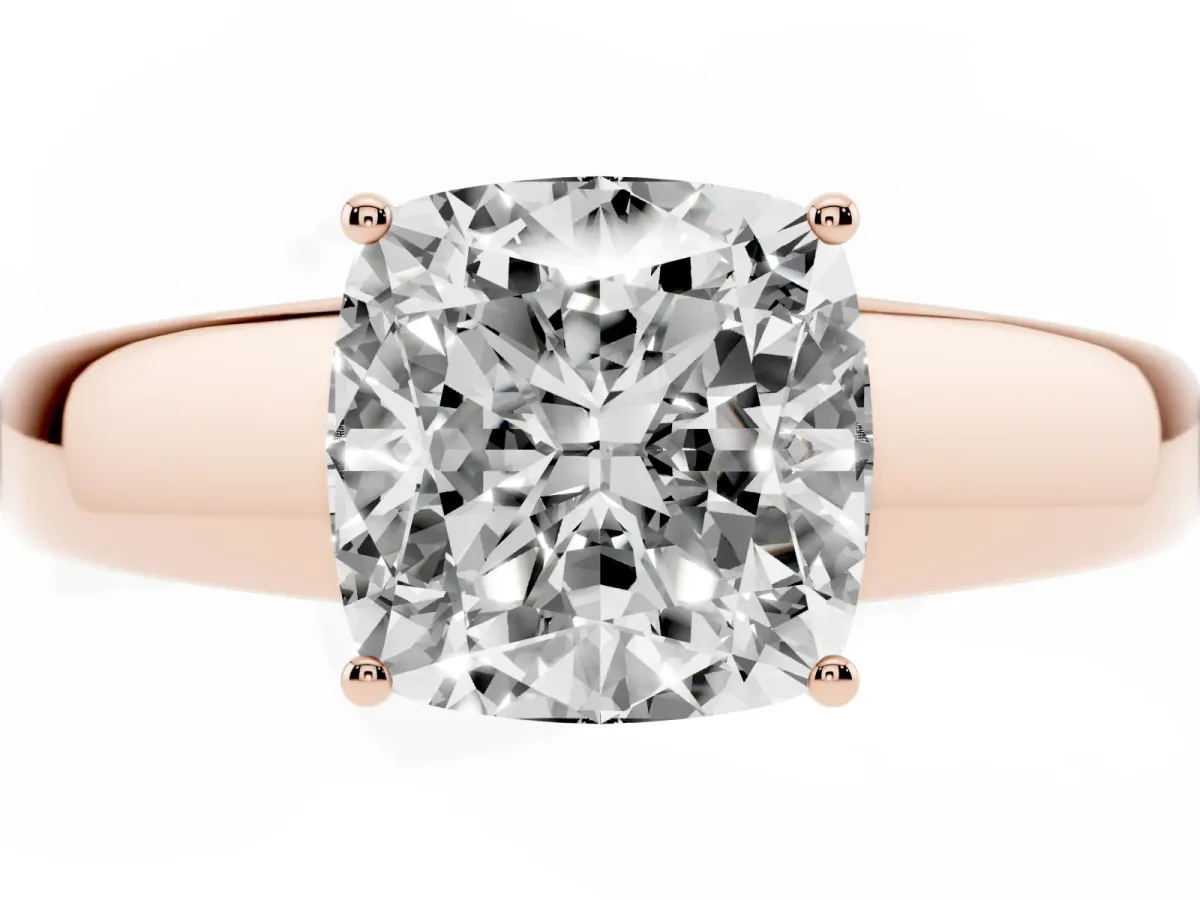 Cushion Cut Solitaire Diamond Ring with Tapered Band and Four-Prong Setting Rose gold