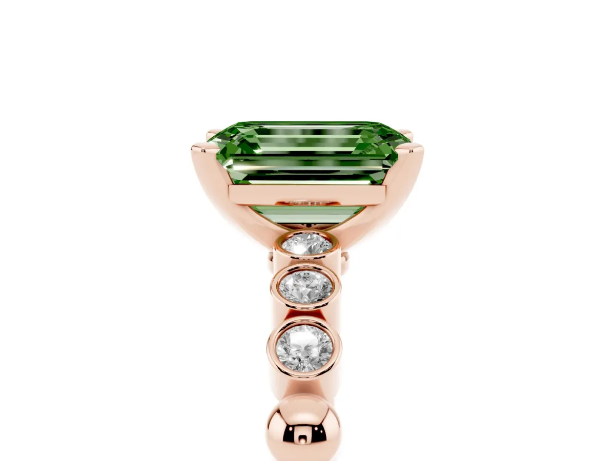 Fancy Green Emerald Cut Solitaire Bezel Accent Diamond Engagement Ring with Beaded Band and Four-Prong Setting Rose gold