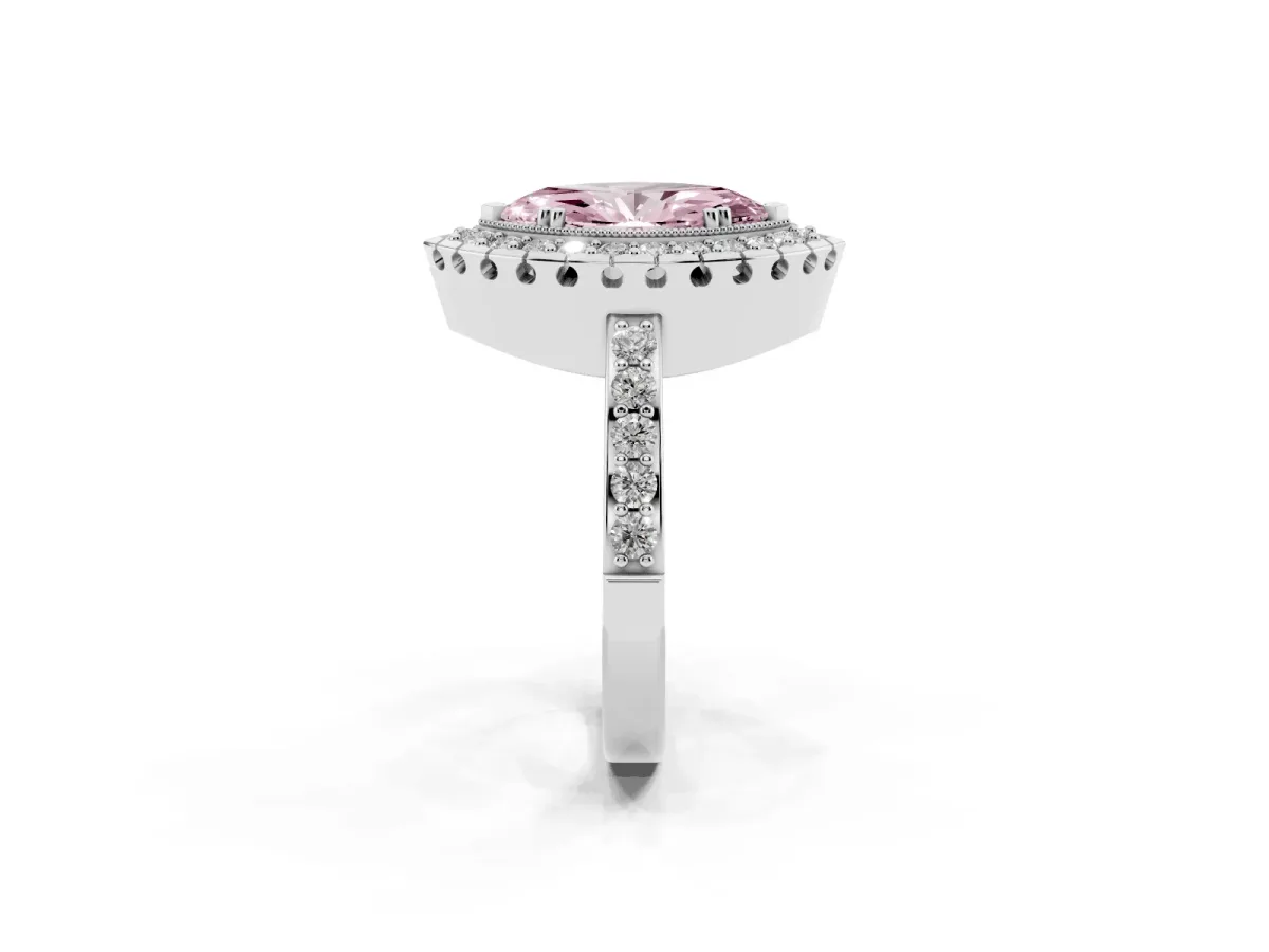 Fancy Pink Marquise Cut Diamond Halo Ring with Pavé Band and Prong Setting White gold