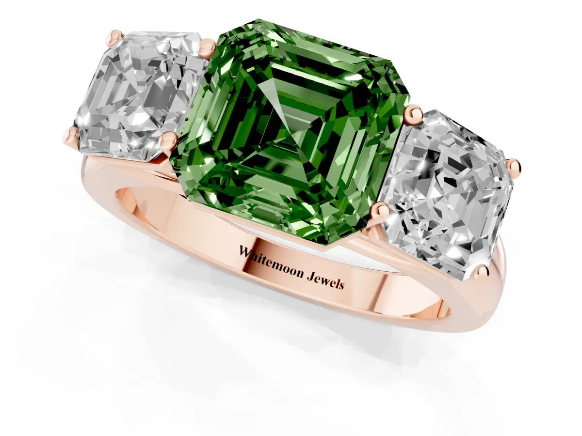 Fancy Green Asscher Cut Three-Stone Diamond Ring with Prong Setting on a Classic Band Rose gold