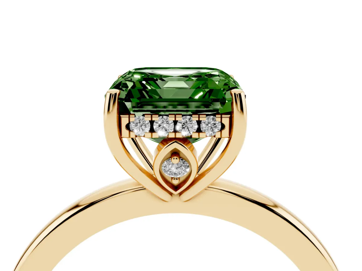 Fancy Green Asscher Cut Solitaire Diamond Ring with Prong Setting and Plain Band Yellow gold