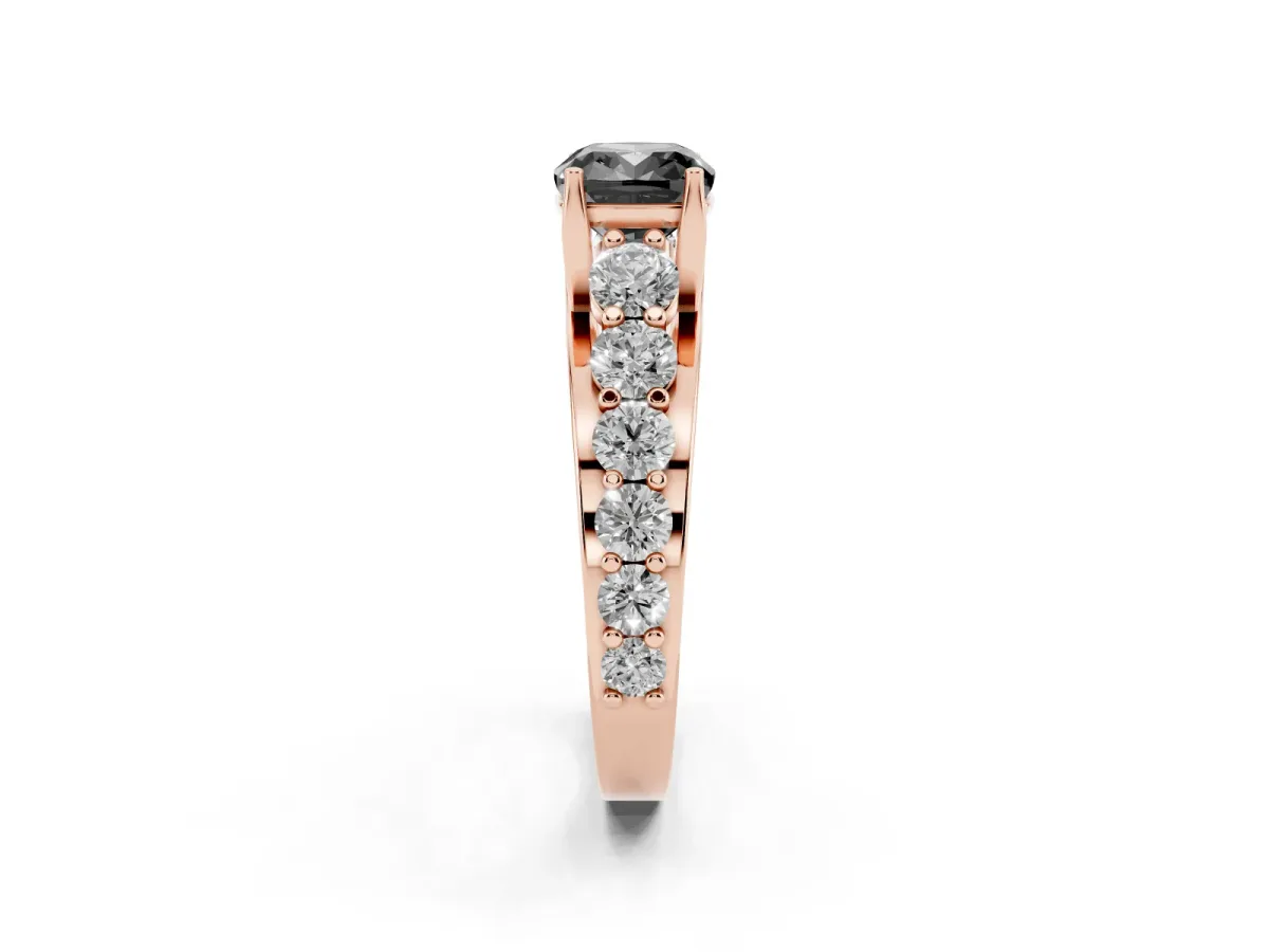 Fancy Black Cushion Cut Diamond Engagement Ring with Pavé Band and Four-Prong Setting Rose gold