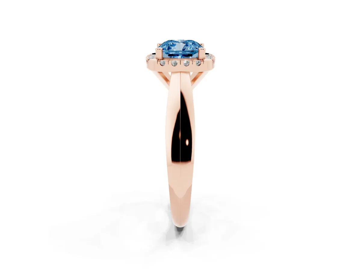 Fancy Blue Cushion Cut Cut Halo Solitaire Engagement Ring with Square Band and Four-Prong Setting Rose gold