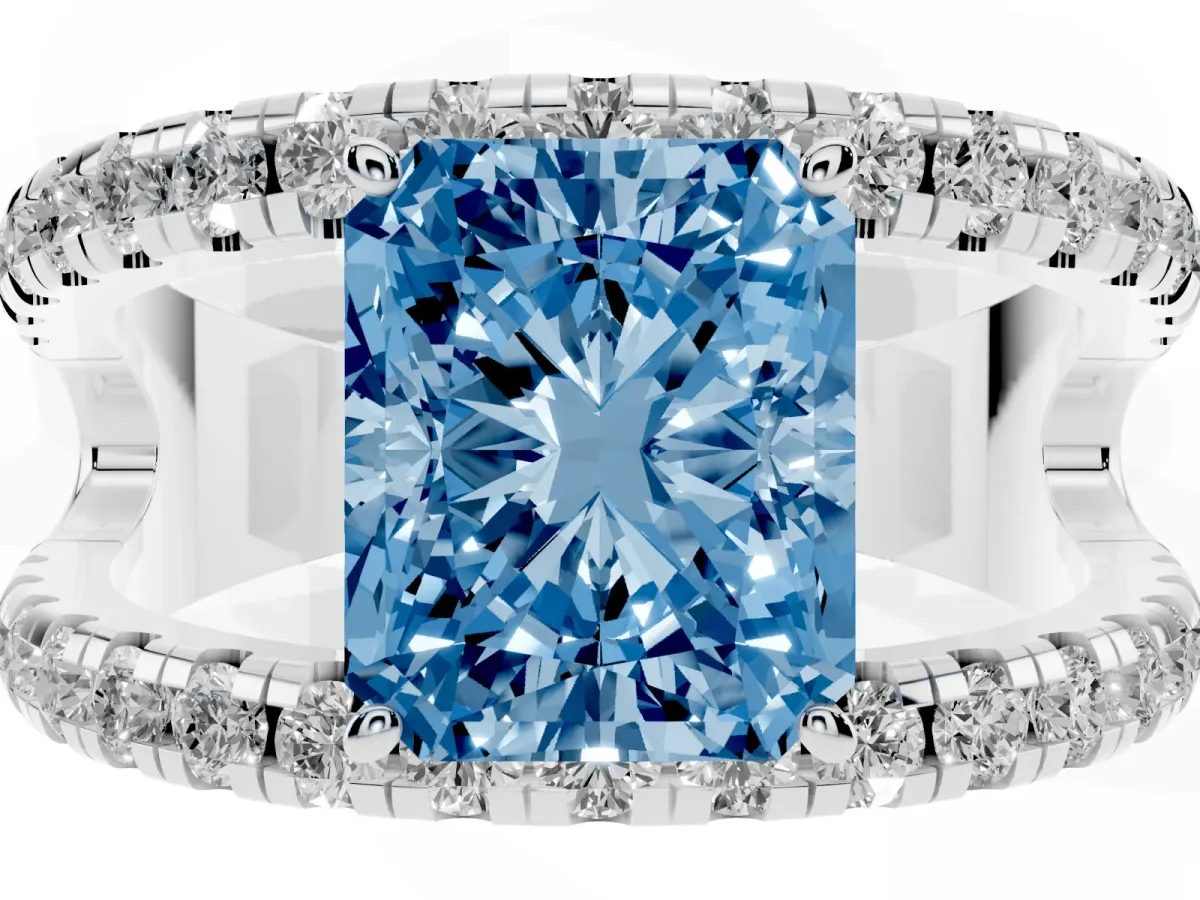 Fancy Blue Radiant Cut Solitaire Split Shank Pave Diamond Ring Platinum