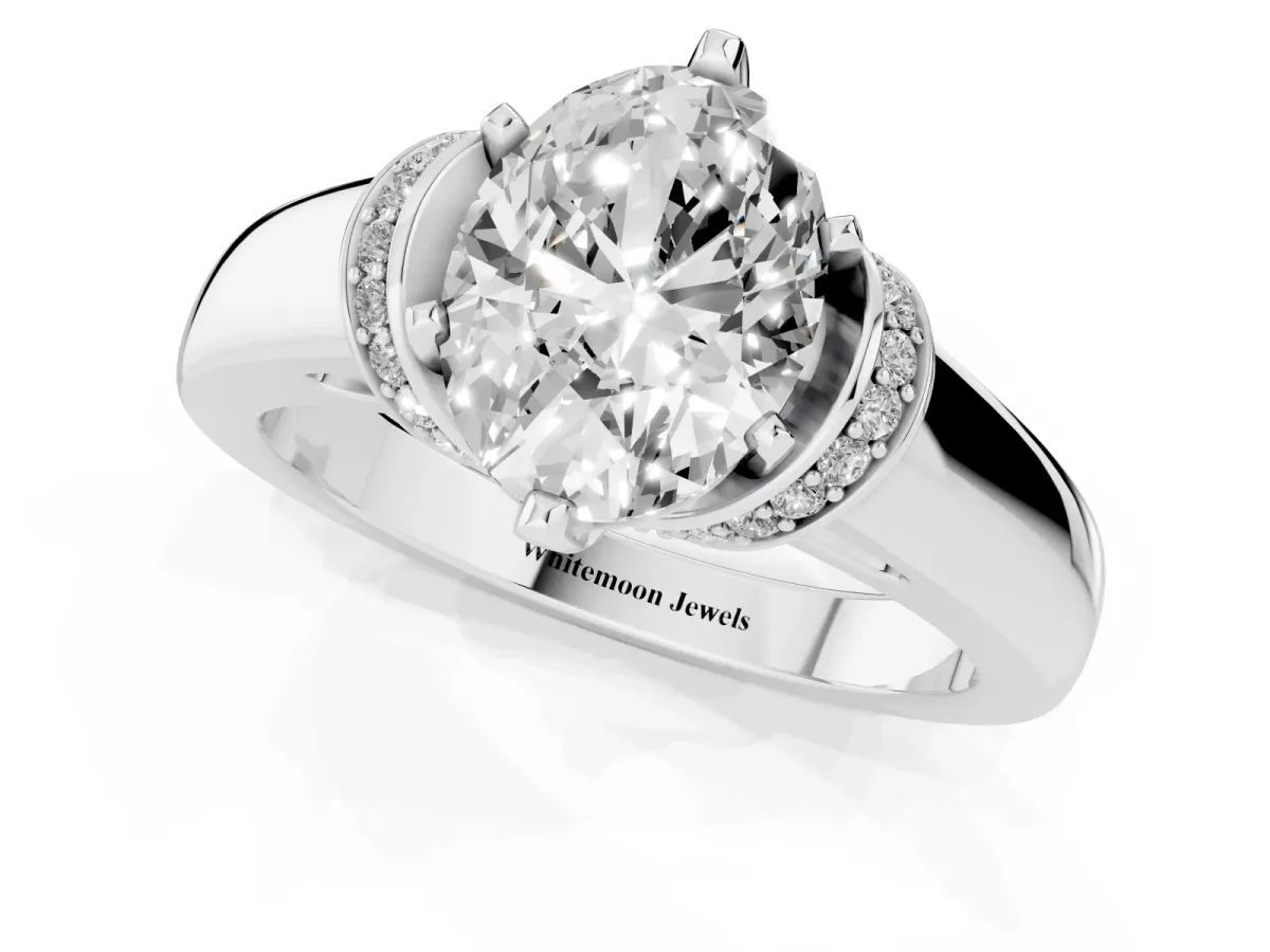 Oval Cut Solitaire Diamond Ring with Pave Band and Six-Prong Setting Silver
