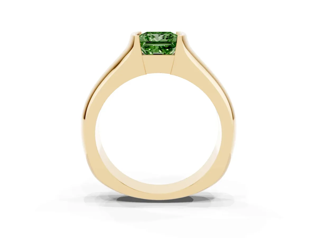 Fancy Green Princess Cut Solitaire Bezel Set Diamond Ring with Wide Band Yellow gold