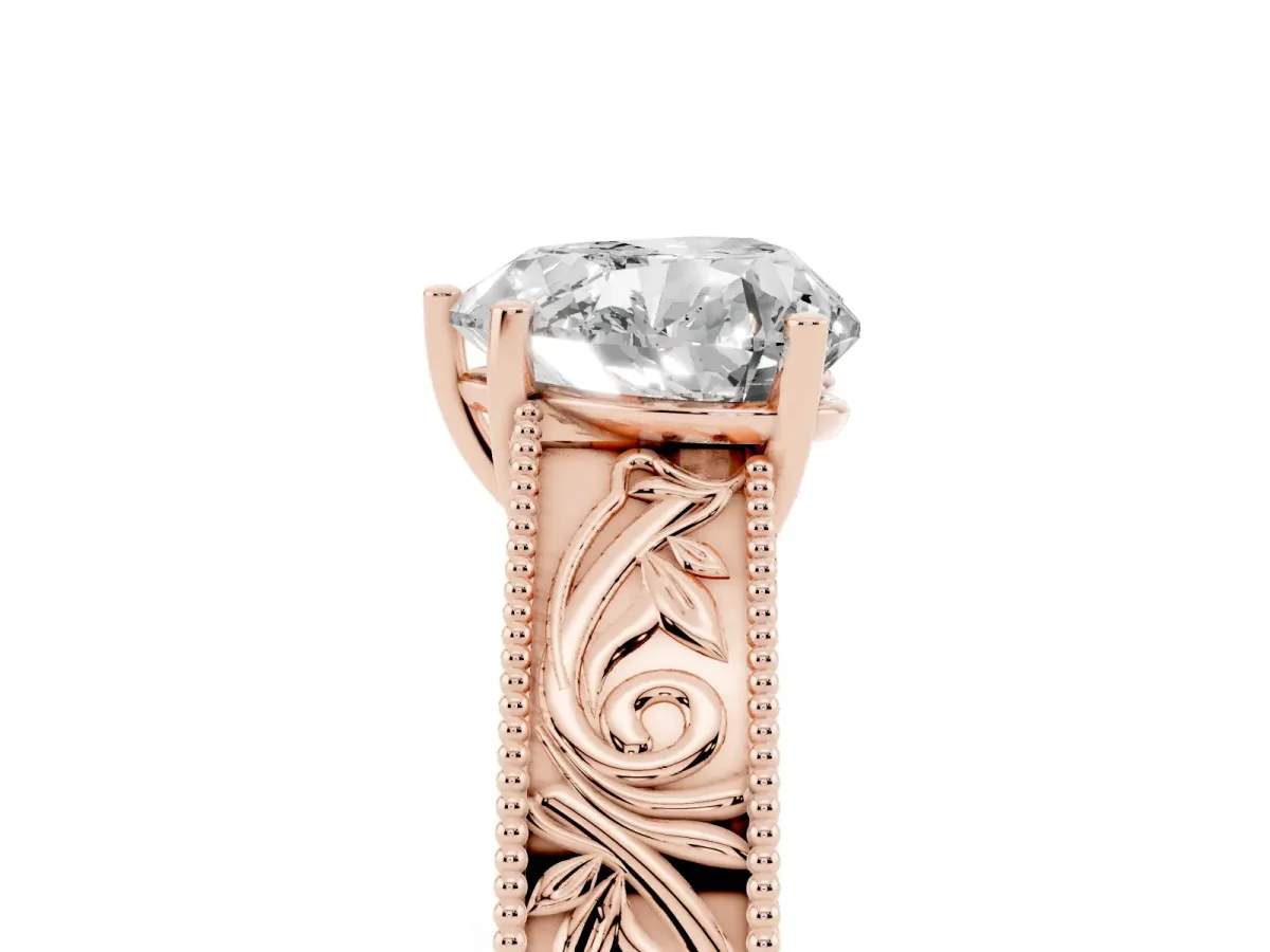 Heart Cut Diamond Solitaire Ring with Engraved Band and Four-Prong Setting Rose gold