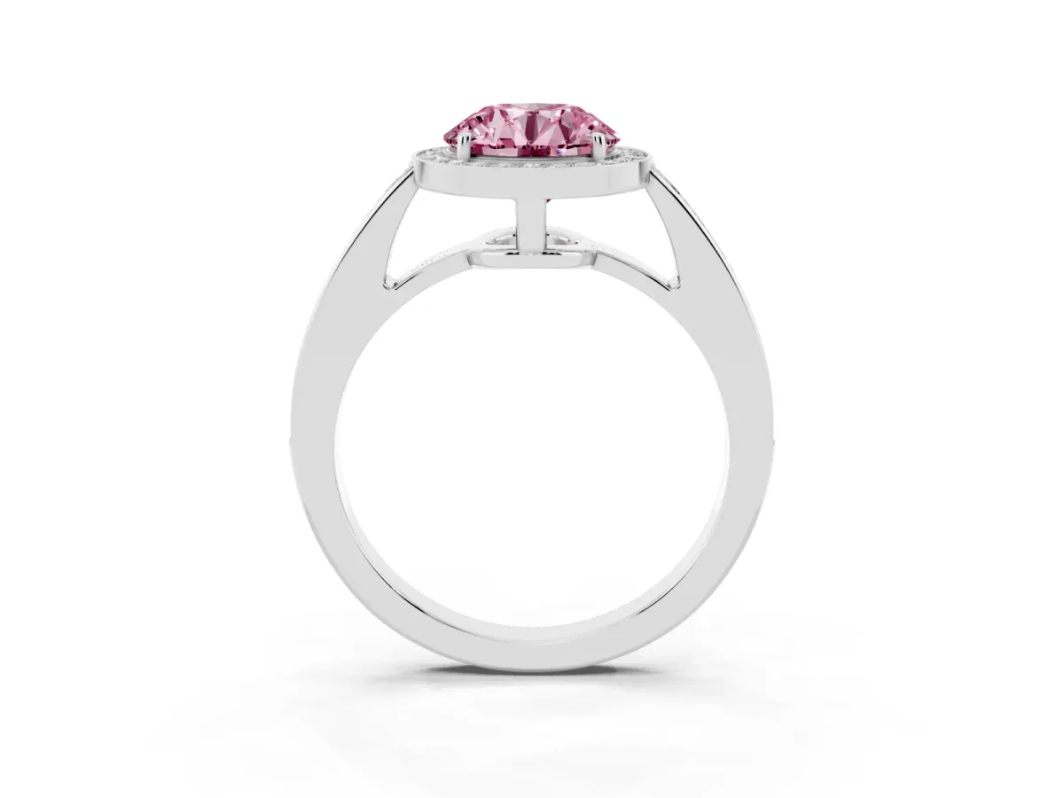 Fancy Pink Round Cut Halo Pavé Diamond Engagement Ring with Bezel Setting Silver