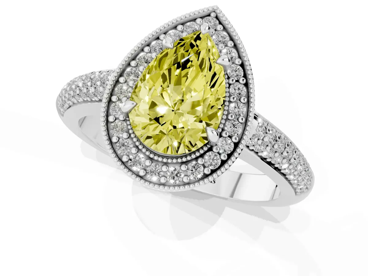 Fancy Yellow Pear Cut Cut Halo Diamond Pave Band with Four-Prong Setting Platinum