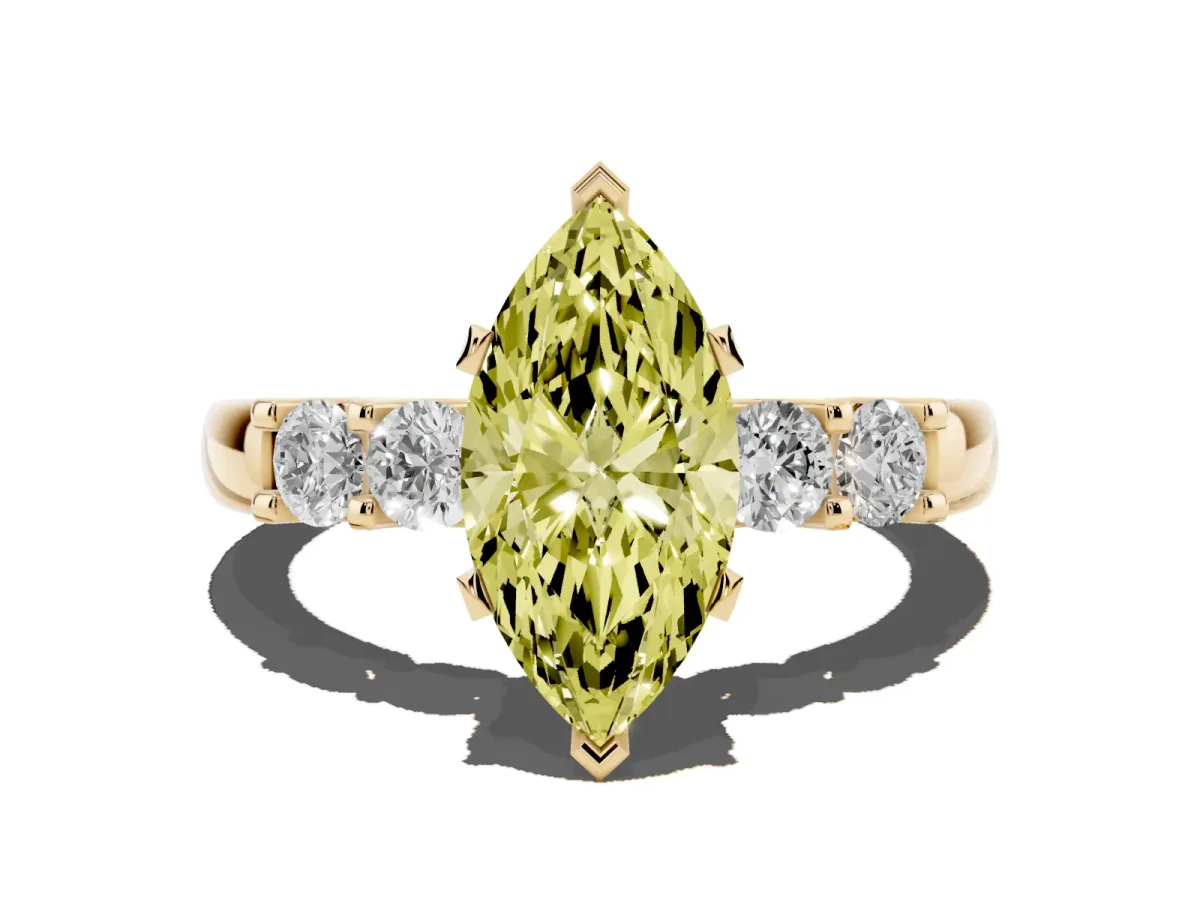 Fancy Yellow Marquise Cut Brilliant Cut Diamond Five-Stone Prong Set Engagement Ring with Channel Band Yellow gold